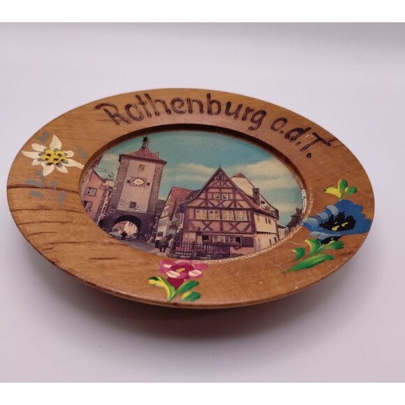 Rothenburg O D T Germany Plate Carved Painted Alpine Flowers Wood MCM - Picture 4 of 9